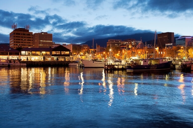 Hobart,Waterfront,Photographed,At,Night,With,City,Skyline,And,Fishing